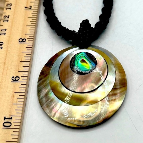 Handmade Black Beaded Necklace With Abalone Shell Pendant.  A34 - Picture 7 of 7